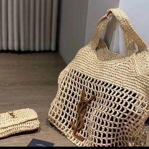 Yves Saint Laurent Cream Crochet Tote with Gold YSL Emblem